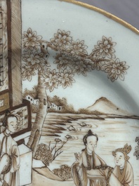 A 28-piece Chinese gilt-decorated sepia 'mandarin subject' service, Jiaqing