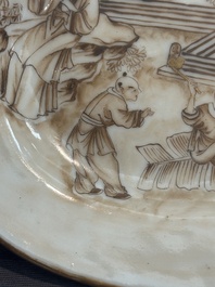 A 28-piece Chinese gilt-decorated sepia 'mandarin subject' service, Jiaqing