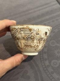 A 28-piece Chinese gilt-decorated sepia 'mandarin subject' service, Jiaqing