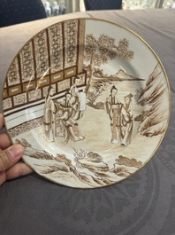 A 28-piece Chinese gilt-decorated sepia 'mandarin subject' service, Jiaqing