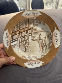 A 28-piece Chinese gilt-decorated sepia 'mandarin subject' service, Jiaqing