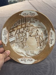 A 28-piece Chinese gilt-decorated sepia 'mandarin subject' service, Jiaqing