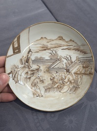 A 28-piece Chinese gilt-decorated sepia 'mandarin subject' service, Jiaqing