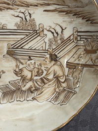 A 28-piece Chinese gilt-decorated sepia 'mandarin subject' service, Jiaqing