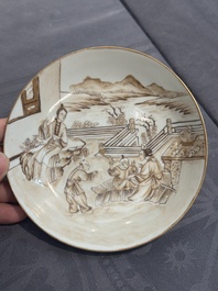 A 28-piece Chinese gilt-decorated sepia 'mandarin subject' service, Jiaqing