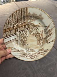 A 28-piece Chinese gilt-decorated sepia 'mandarin subject' service, Jiaqing