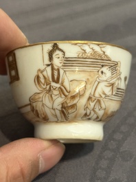 A 28-piece Chinese gilt-decorated sepia 'mandarin subject' service, Jiaqing