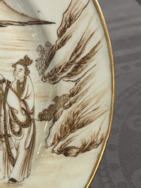 A 28-piece Chinese gilt-decorated sepia 'mandarin subject' service, Jiaqing