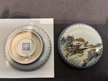 Three Chinese famille rose 'bird and flower' seal paste boxes, Qianlong mark, 20th C.
