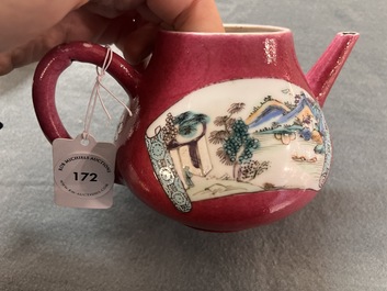 A Chinese famille rose ruby-ground 'landscape scroll' teapot, Yongzheng