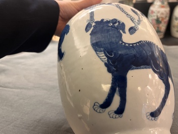A Chinese blue and white 'mythical animals' vase, Kangxi mark, 19/20th C.