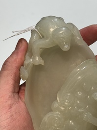 A Chinese white jade 'monkey and lingzhi' brush washer, 19/20th C.