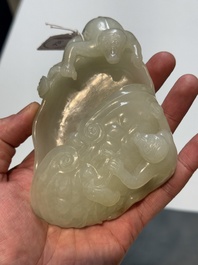 A Chinese white jade 'monkey and lingzhi' brush washer, 19/20th C.