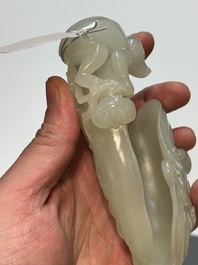 A Chinese white jade 'monkey and lingzhi' brush washer, 19/20th C.
