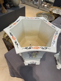 A pair of Chinese famille rose 'Wu Shuang Pu' hexagonal jardini&egrave;res on stands, Republic