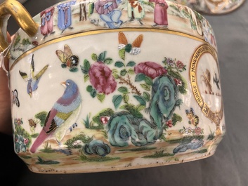 A pair of Chinese Canton famille rose armorial tureens, inner bowls and covers with the arms of Clerke, 19th C.