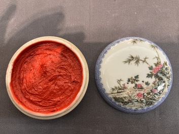 Three Chinese famille rose 'bird and flower' seal paste boxes, Qianlong mark, 20th C.