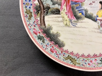 A pair of Chinese famille rose 'Xi Xiang Ji' plates, Qianlong mark, 20th C.