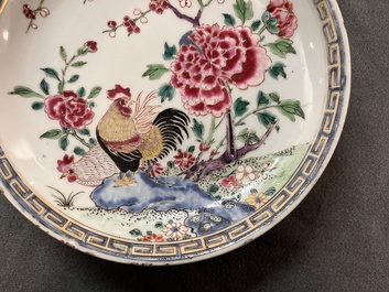 A Chinese famille rose 'rooster' plate and a bowl, Yongzheng