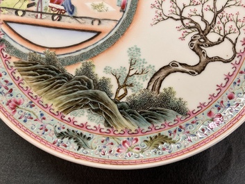A pair of Chinese famille rose 'Xi Xiang Ji' plates, Qianlong mark, 20th C.