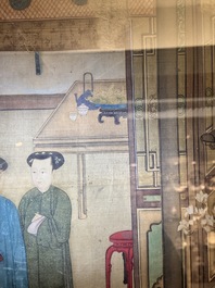 Chinese School: 'Vibrant court scene with an emperor', ink and colour on silk, 18th C.