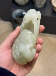 A Chinese white jade 'monkey and lingzhi' brush washer, 19/20th C.
