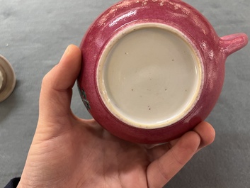 A Chinese famille rose ruby-ground 'landscape scroll' teapot, Yongzheng