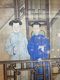 Chinese School: 'Vibrant court scene with an emperor', ink and colour on silk, 18th C.