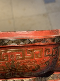 A Chinese red lacquer box and cover with floral design, 19/20th C.