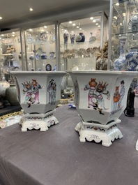 A pair of Chinese famille rose 'Wu Shuang Pu' hexagonal jardini&egrave;res on stands, Republic