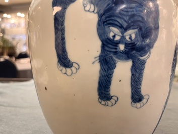 A Chinese blue and white 'mythical animals' vase, Kangxi mark, 19/20th C.