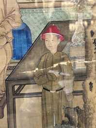 Chinese School: 'Vibrant court scene with an emperor', ink and colour on silk, 18th C.