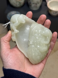 A Chinese white jade 'monkey and lingzhi' brush washer, 19/20th C.