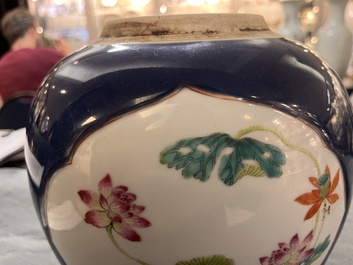 A fine Chinese blue-ground famille rose 'quails and peonies' jar and wooden cover, Qianlong