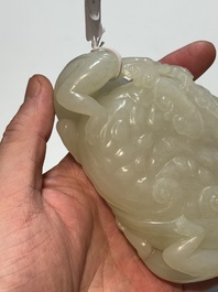 A Chinese white jade 'monkey and lingzhi' brush washer, 19/20th C.