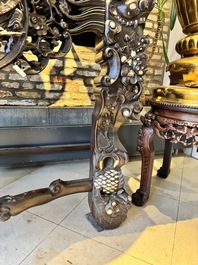 A finely carved Chinese hongmu console table with marble top and mother-of-pearl inlay, Canton, 19th C.