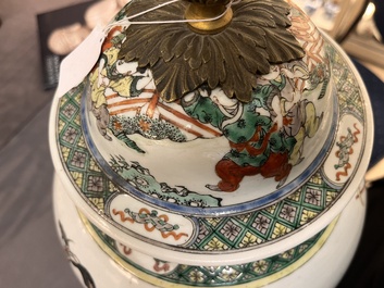 A Chinese famille verte vase and cover mounted as a lamp, 19th C.