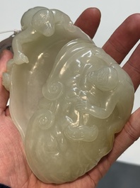 A Chinese white jade 'monkey and lingzhi' brush washer, 19/20th C.