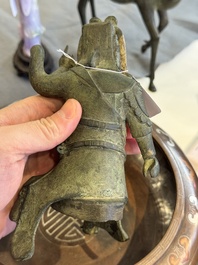A Vietnamese bronze brush washer on stand and a Chinese bronze warrior on horseback, 19th C.