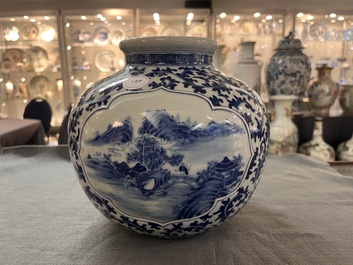 A Chinese blue and white globular 'landscape' vase, 19th C.
