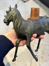 A Vietnamese bronze brush washer on stand and a Chinese bronze warrior on horseback, 19th C.