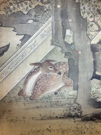 Chinese School: 'Vibrant court scene with an emperor', ink and colour on silk, 18th C.