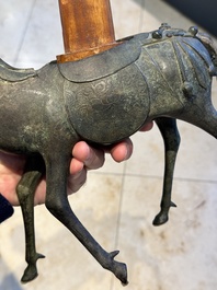 A Vietnamese bronze brush washer on stand and a Chinese bronze warrior on horseback, 19th C.