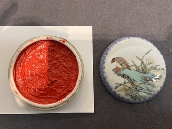 Three Chinese famille rose 'bird and flower' seal paste boxes, Qianlong mark, 20th C.