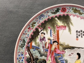 A pair of Chinese famille rose 'Xi Xiang Ji' plates, Qianlong mark, 20th C.