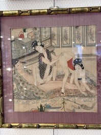 Chinese School: Nine 'erotic' paintings, ink and colour on silk, 19th C.
