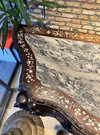 A finely carved Chinese hongmu console table with marble top and mother-of-pearl inlay, Canton, 19th C.