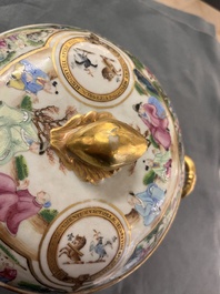 A pair of Chinese Canton famille rose armorial tureens, inner bowls and covers with the arms of Clerke, 19th C.