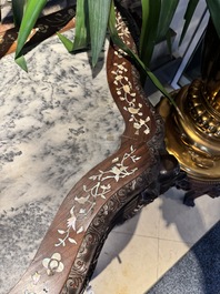 A finely carved Chinese hongmu console table with marble top and mother-of-pearl inlay, Canton, 19th C.