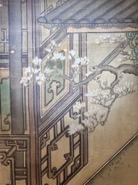 Chinese School: 'Vibrant court scene with an emperor', ink and colour on silk, 18th C.